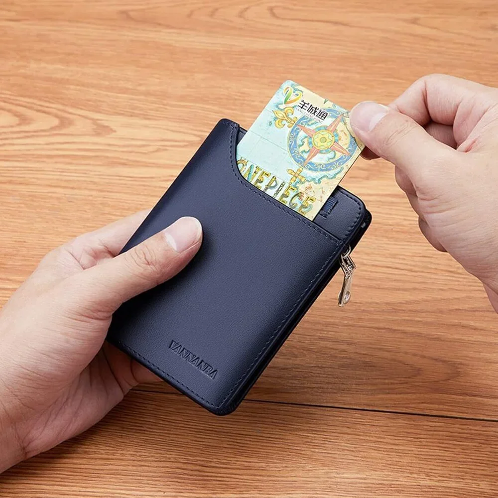 Men's Wallets Card Blue Genuine Leather Slim Front Zipper Coin Pocket Design